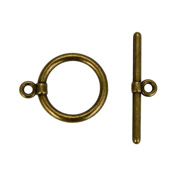 10 Sets Round Toggle Clasps, T-Bar Closure, Antique Bronze Plated Brass, 14mm, CF181-4