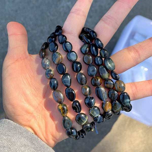 Natural Blue Tiger Eye Gemstone Oval Tumbled Pebble Beads, Irregular, 8mm to 11mm, Hole ID 1mm, 15 Inch/1 Strand, GZ12-28