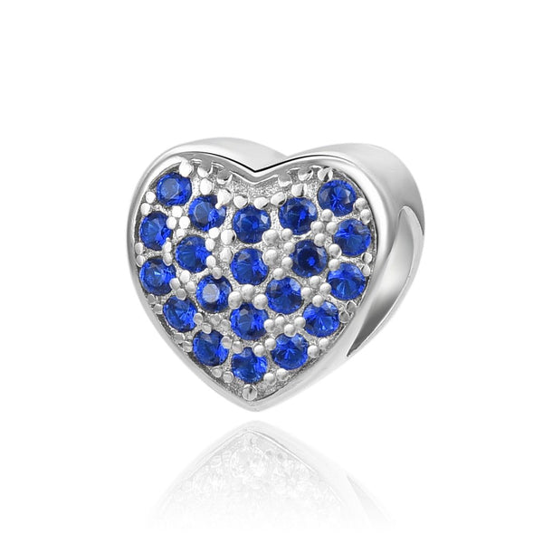 1pc 925 Sterling Silver Love Heart September Birthstone Bead Charm, Blue Sapphire Cubic Zirconia CZ, 10mm, Hole ID 4.5mm, EC1-L9
