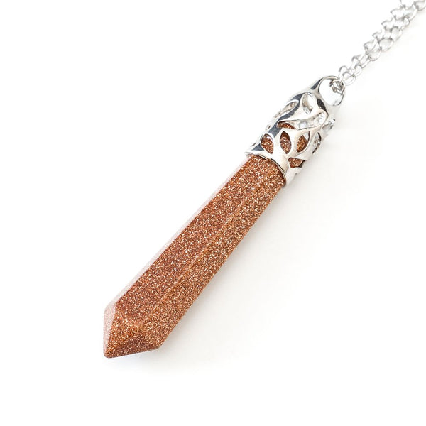 1pc Brown Goldstone Sandstone Stone Hexagonal Pile Gemstone Pendant Necklace, 18 Inch Surgical Stainless Steel Chain, GGP-B8