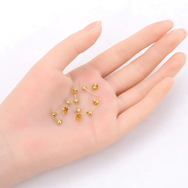 50pcs Raw Brass Ball Earring Posts, Closed Ring, 50pcs Earring Backs, Unplated/Uncoated, Ball Size Selections: 3mm/3.5mm/4mm/5mm