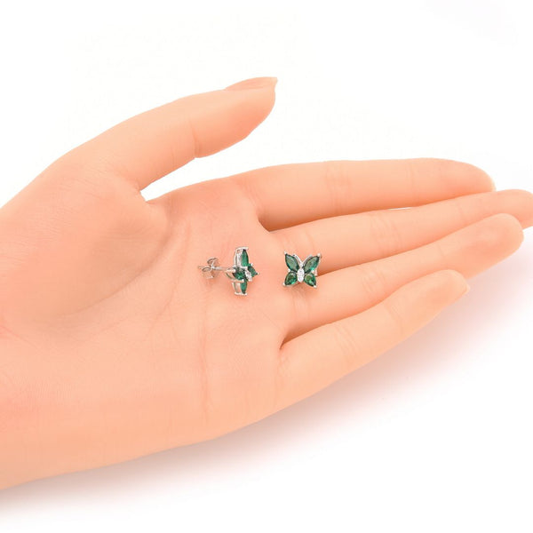 1 Pair 925 Sterling Silver May Birthstone Butterfly Stud Earrings, 10mm, Cubic Zirconia CZ Green Emerald Stone, SSE83-5