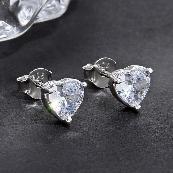 1 Pair 925 Sterling Silver April Love Heart Birthstone Stud Earrings, 6mm/0.84 Carat Cubic Zirconia CZ Created Clear Diamond Stone, SSE79-4