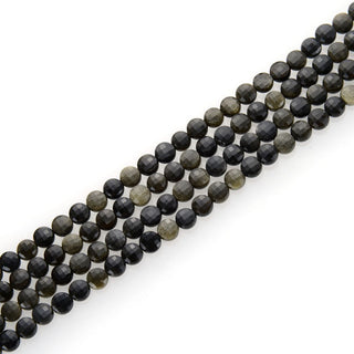 Natural Gold Sheen Black Obsidian Gemstone Faceted Flat Round Coin Beads, 6mm, Hole ID 1mm, 15 Inch/1 Strand, GZ13-11
