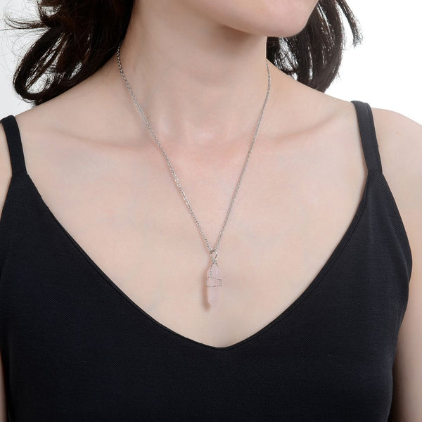1pc Natural Pink Rose Quartz Gemstone Pendant Necklace, 18 Inch Surgical Stainless Steel Chain, GGP-E6