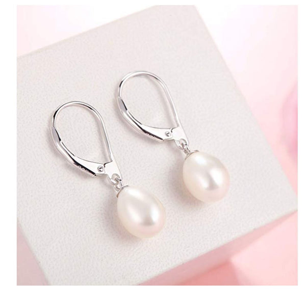 1 Pair 925 Sterling Silver Dangle Baroque Pearl Earrings, AAAA Grade Super High Luster Freshwater Cultured 9x7mm Teardrop Pearls, PE4-2