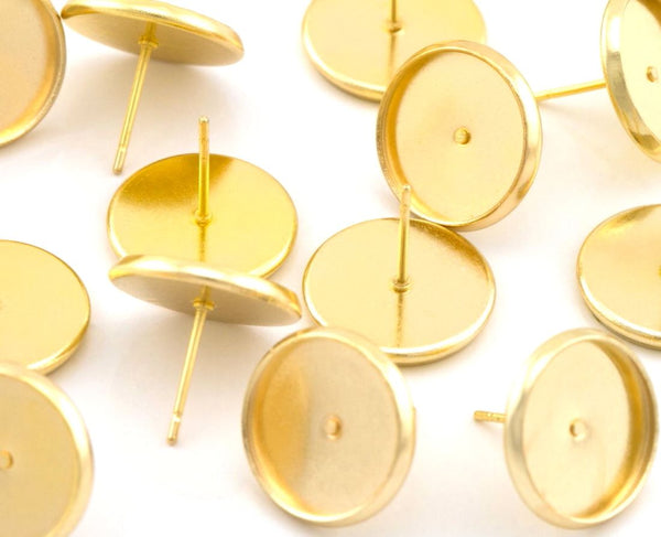 20pcs Tarnish Resistant Bezel Tray Earring Posts, 18K Yellow Gold Plated Brass, Bezel Inner Diameter Selections: 6mm/8mm/10mm/12mm
