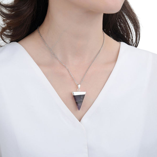 1pc Natural Purple Amethyst Crystal Triangle Gemstone Pendant Necklace, 18 Inch Surgical Stainless Steel Chain, GGP-A7