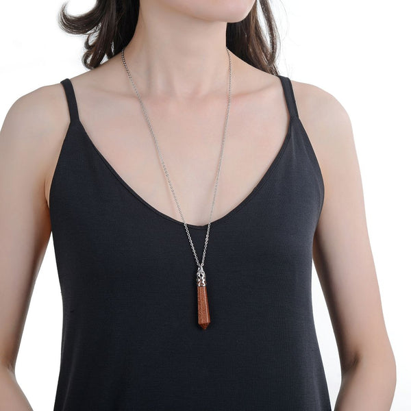 1pc Brown Goldstone Sandstone Stone Hexagonal Pile Gemstone Pendant Necklace, 26 Inch Surgical Stainless Steel Chain, GGP-BB8