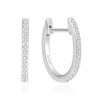 1 Pair 925 Sterling Silver Oval Hoop Earrings, Pave Cubic Zirconia CZ, 13mm, SSE39-1