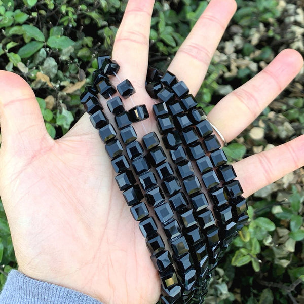 100pcs Creative Club Faceted Cube Crystal Glass Beads, Jet Black, 8mm, Hole ID 1mm, CCC823