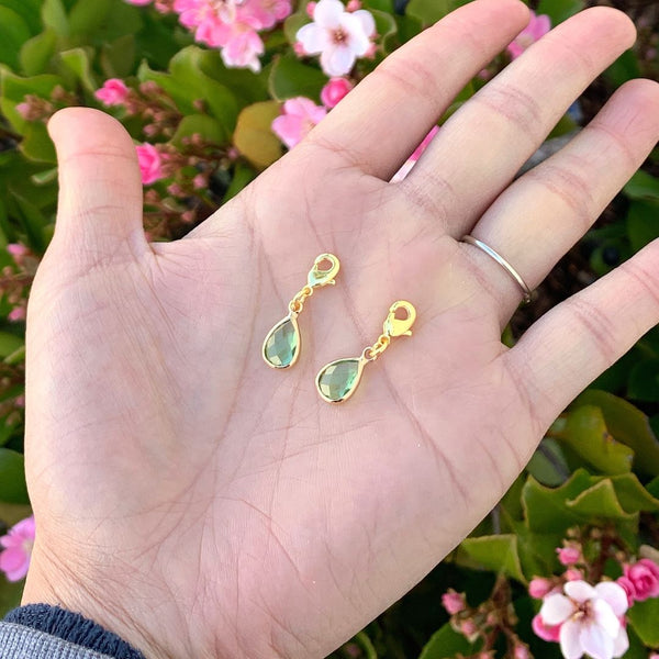 2pcs Clip On Dangle August Peridot Green Birthstone Charm Drops, Tarnish Resistant, 18K Yellow Gold Plated Lobster Clasp, BL8-8