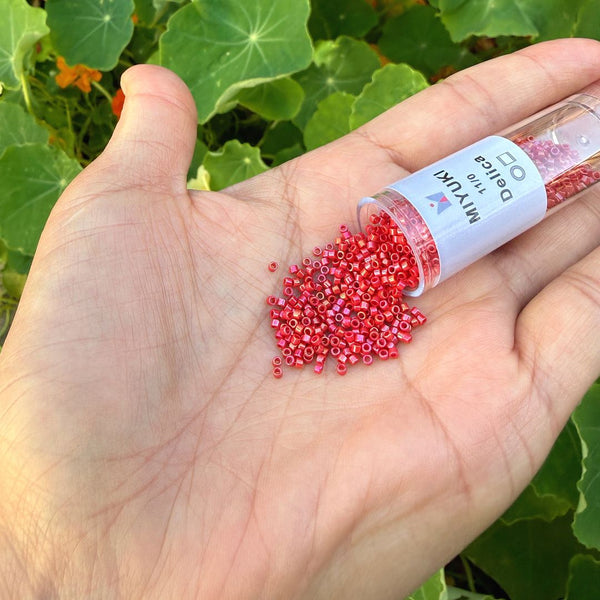 7.5g Miyuki Delica 11/0 Seed Beads, Opaque Rainbow Red Luster DB214