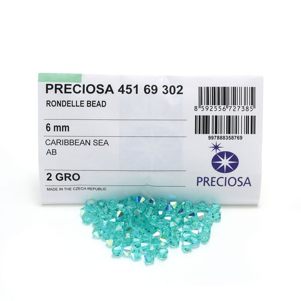50pcs Preciosa Faceted Bicone Crystal Beads, Caribbean Sea AB (Blue), 6mm, Hole ID 1mm, Pre-B667