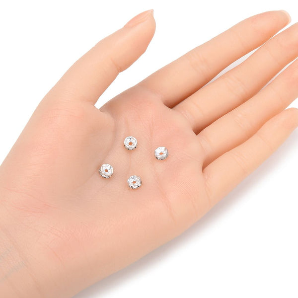 100pcs Grade A Rhinestone Rondelle Beads, Clear Rhinestone, Sterling Silver Plated Brass, Size Selections: 4mm/5mm/6mm/8mm/10mm/12mm