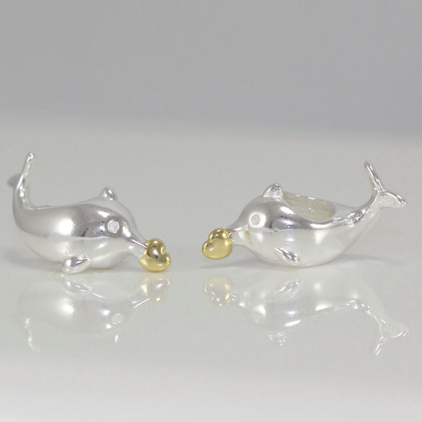 1pc Cute Real Solid Sterling Silver Charm Dolphin with Golden Heart Bead, Compatible with Pandora All Other Charm Bracelets, EC371