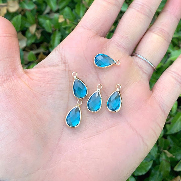 10pcs Grade A March Aquamarine Blue Teardrop Birthstone Charm Drop, 18K Yellow Gold Plated Brass, Size Selections: 11x7mm, 14x8mm, 16x9mm