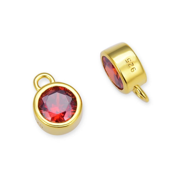 2pcs 925 Sterling Silver 6mm January Birthstone Charm Drop Pendants, Real 18K Yellow Gold Plated, Garnet Red Cubic Zirconia Gemstone, SXP7-1