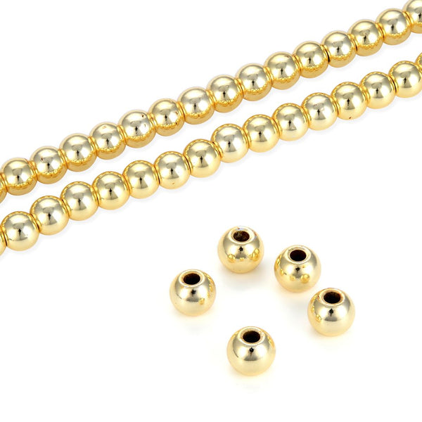 Grade A Natural Hematite Gemstone Large Hole Round Beads, Gold Plated, 15 Inch/1 Strand, 6mm, Hole ID 2.4mm, GFC-N6