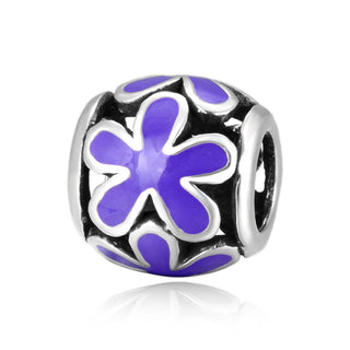 Real 925 Sterling Silver Purple Enamel Flower Bead Charm