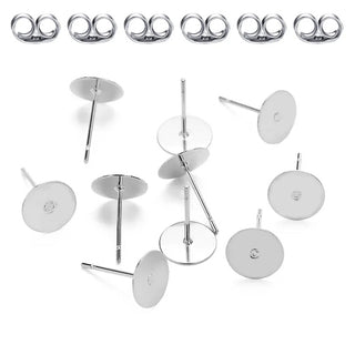 100pcs 316 Stainless Steel Flat Pad Stud Earring Posts with Earnut Backs (4mm/6mm/8mm)