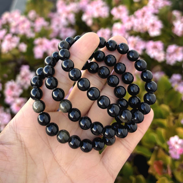 1 Strand Stretch Natural Gold Sheen Obsidian Beaded Gemstone Bracelet, 8mm Bead, Length Selections: 7 inch/7.5 inch/8 inch/8.5 inch