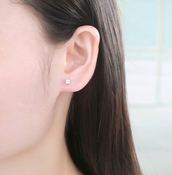 1 Pair 925 Sterling Silver Small Tiny Square Princess Stud Earrings, 3mm/0.11 Carat Cubic Zirconia CZ Diamond, SSE84-3
