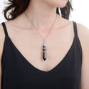 1pc Natural Black Obsidian Hexagonal Pile Gemstone Pendant Necklace, 18 Inch Surgical Stainless Steel Chain, GGP-D11
