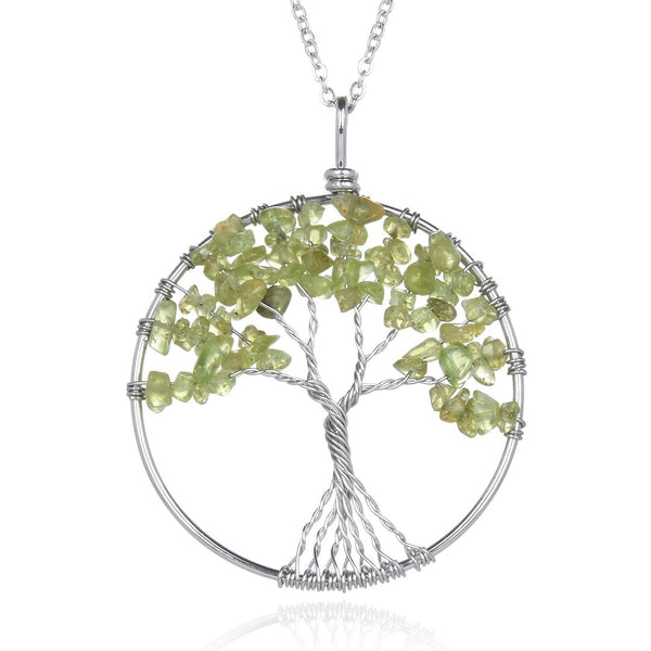 1pc Tree of Life Prosperity Necklace, Natural Green Peridot Gemstone Pendant, 26 inch Surgical Stainless Steel Chain, GGP9-13