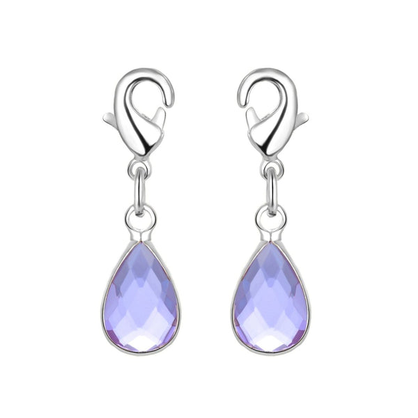 2pcs Clip On Dangle June Alexandrite Light Violet Birthstone Charm Drops, Tarnish Resistant, Sterling Silver Plated Lobster Clasp, BL7-6