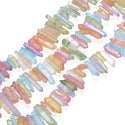 1 Strand Natural Raw Crystal Quartz Gemstone Beads, Small Drilled Stone Points, Chakra Rainbow AB Titanium Coated Stone Stick, 15 Inch, GA6