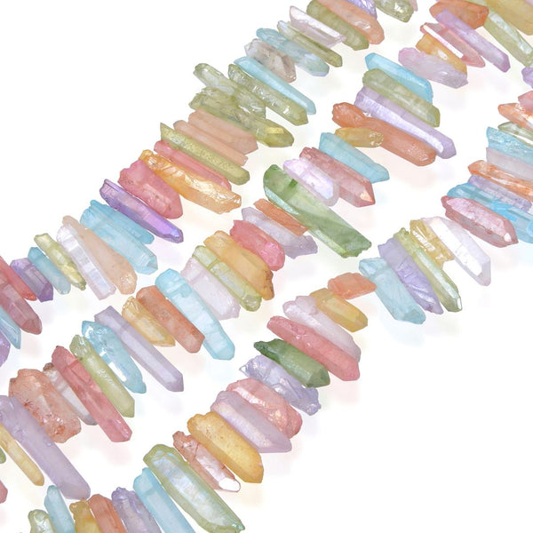 1 Strand Natural Raw Crystal Quartz Gemstone Beads, Small Drilled Stone Points, Chakra Rainbow AB Titanium Coated Stone Stick, 15 Inch, GA6