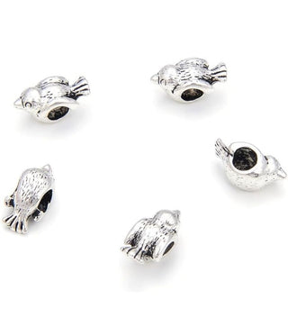 20pcs Cute Bird Symbol of Freedom and Hope Large Hole Beads, Hole ID 4.5mm, Antique Silver, Zinc Alloy Metal, MEC-A9