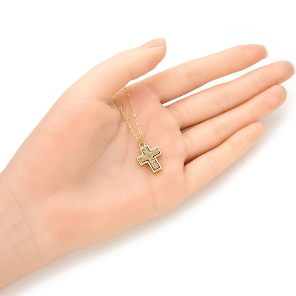 1pc Natural Druzy Crystal Pendant Necklace, Gold Cross Drop Small Gemstone Pendant, 18 inch Gold Plated Stainless Steel Chain, GGP20-1