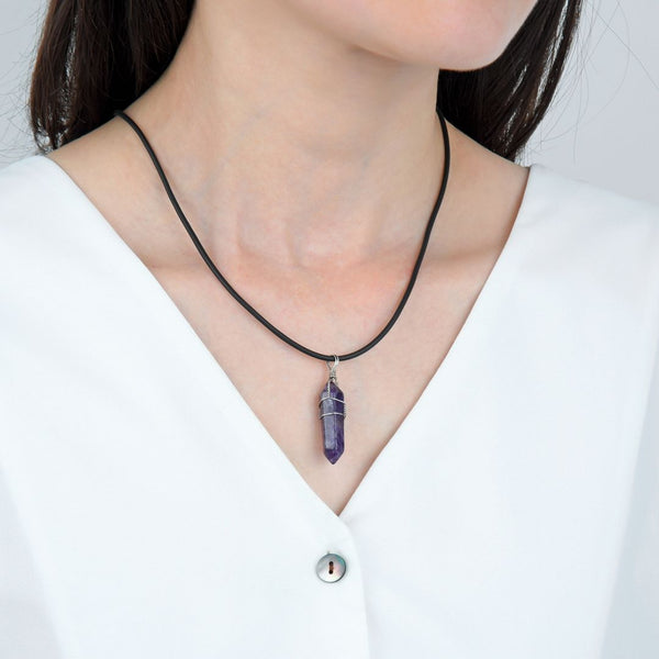 1pc Natural Purple Amethyst Crystal Gemstone Pendant Necklace, 18 Inch Leather Cord Jewelry, GGP-H4