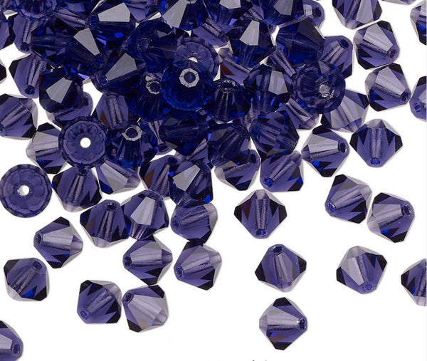 100pcs Preciosa Faceted Bicone Crystal Beads, Deep Tanzanite, 4mm, Hole ID 0.9mm, Pre-B434