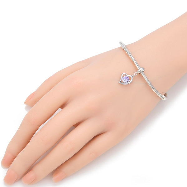 1pc 925 Sterling Silver Love Heart June Birthstone Charm Drop, Light Purple Alexandrite Cubic Zirconia CZ, 26mm (1 inch) Long, Hole ID 4.5mm, EC1-E6