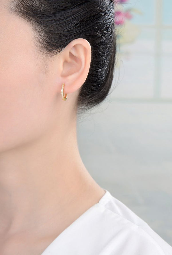 1 Pair Real 18K Yellow Gold Plated Sterling Silver Round Huggie Hoop Earrings, Pave Cubic Zirconia CZ, 15.5mm, SSE42-2