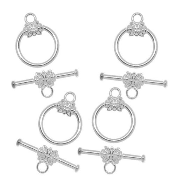 10 Sets Flower Round Toggle Clasps, T-Bar Closure, Sterling Silver Plated Brass, 15mm, CF183-1