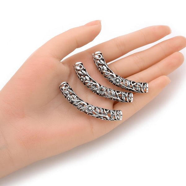 10pcs Large Hole Curved Filigree Flower Noodle Tubes, Antique Silver, 48mm (1.89 Inch), Hole ID 5.5mm, MC-L1