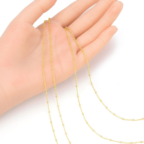 16.5 Feet Tarnish Resistant Satellite Bead Station Chain Link,  Dainty Thin Small, 18K Yellow Gold Plated Brass, 1.8mm Bead, BK5-E1