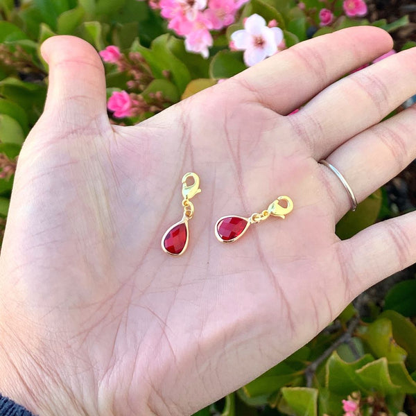 2pcs Clip On Dangle January Red Birthstone Charm Drops, Tarnish Resistant, 18K Yellow Gold Plated Lobster Clasp, BL8-1