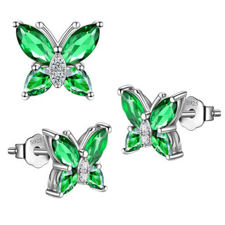 1 Pair 925 Sterling Silver May Birthstone Butterfly Stud Earrings, 10mm, Cubic Zirconia CZ Green Emerald Stone, SSE83-5