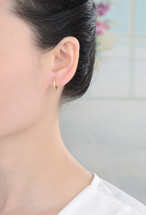 1 Pair Real 18K Yellow Gold Plated Sterling Silver Round Huggie Hoop Earrings, Pave Cubic Zirconia CZ, 13.5mm, SSE42-1