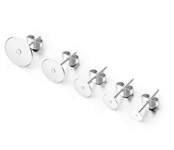 100pcs Tarnish Resistant Earring Posts Glue On Flat Board Settings, with 100pcs Earring Backs, Sterling Silver Plated Brass, Flat Board Size Selections: 4mm/6mm/8mm