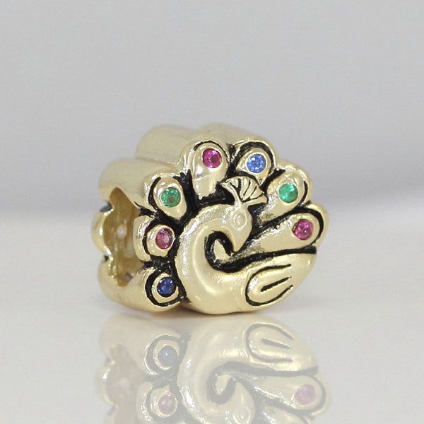 1pc Solid 925 Gold Plated Sterling Silver Peacock Cubic Zirconia Gemstone Charm Bead, Compatible with Pandora All Other Charm Bracelets, EC2-P2