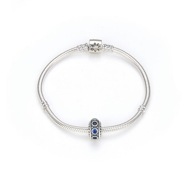 1pc 925 Sterling Silver September Birthstone Bead Charm, Blue Sapphire Cubic Zirconia CZ, 11x6.8mm, Hole ID 4.5mm, EC1-A9