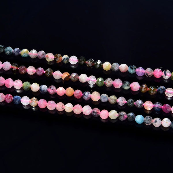 Natural Multi-color Tourmaline Gemstone Tiny Small Faceted Round Beads, 3mm, Hole ID 0.6mm, 15 Inch/1 Strand, GK3-2