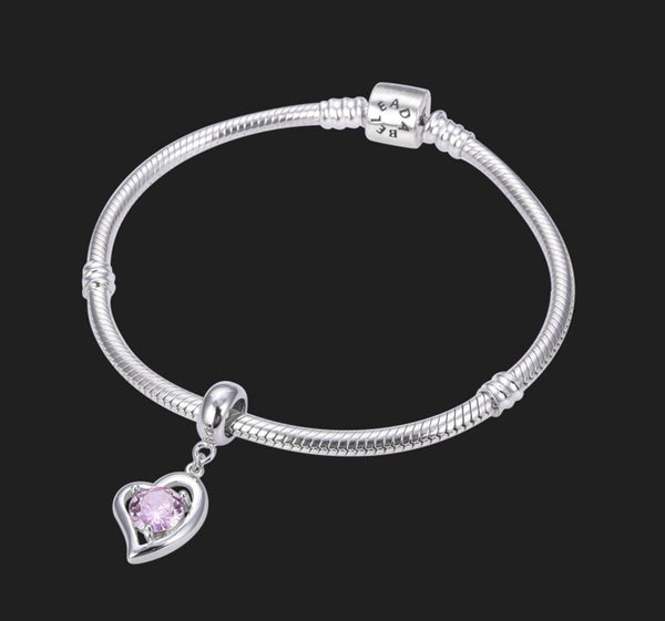 1pc 925 Sterling Silver Love Heart October Birthstone Charm Drop, Pink Tourmaline Cubic Zirconia CZ, 26mm (1 inch) Long, Hole ID 4.5mm, EC1-E10