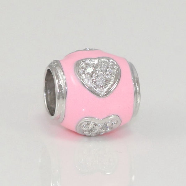 1pc Solid 925 Sterling Silver Pink Heart Love Cubic Zirconia Bead Charm, Compatible with Pandora All Other Charm Bracelet, EC77
